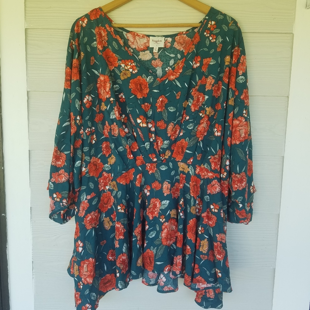 Women's Floral Print Blouse Hayden Los Angeles Peasant Boho 3XL V-Neck Kimono